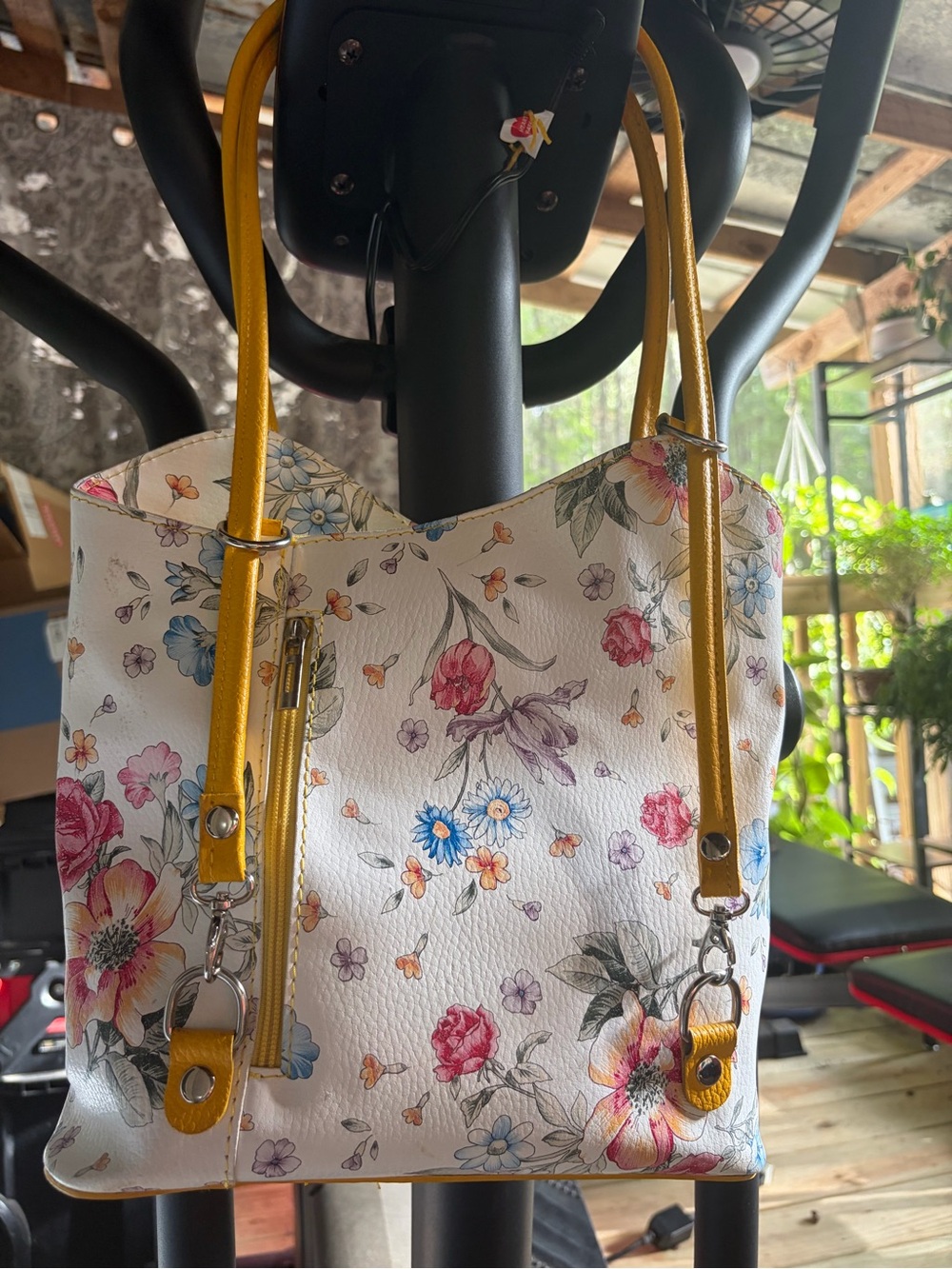 White Floral Shoulder Bag with Yellow Handles - Picture 3 of 15